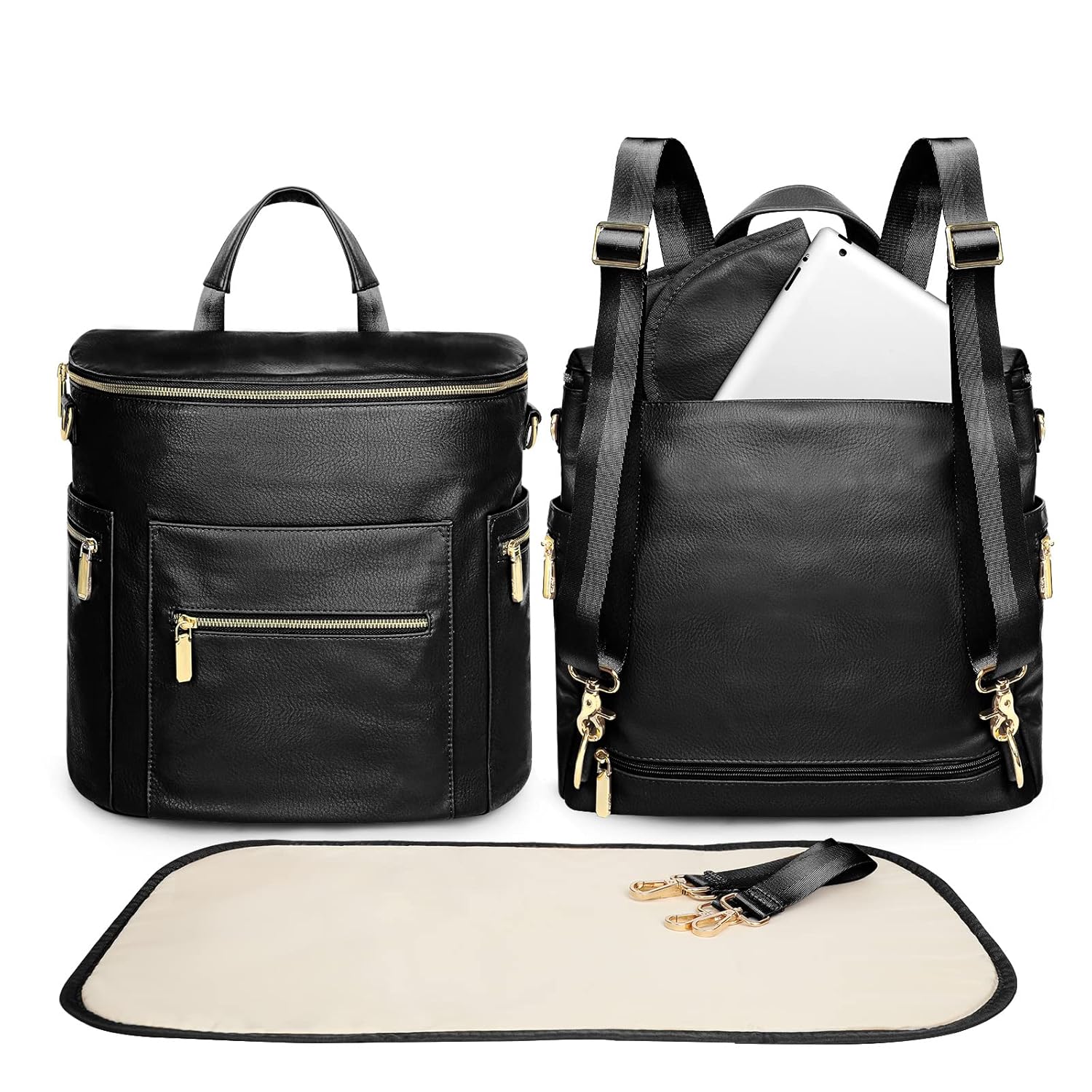 Brooklyn nappy bag in black with change mat & pram straps | Lulu Babe