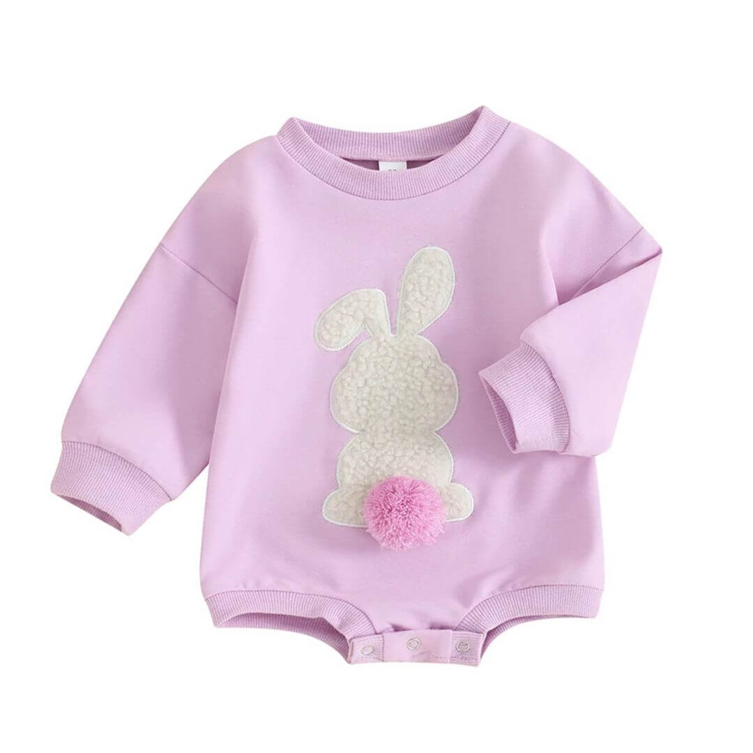 Purple baby romper with white bunny appliqué and pom-pom tail