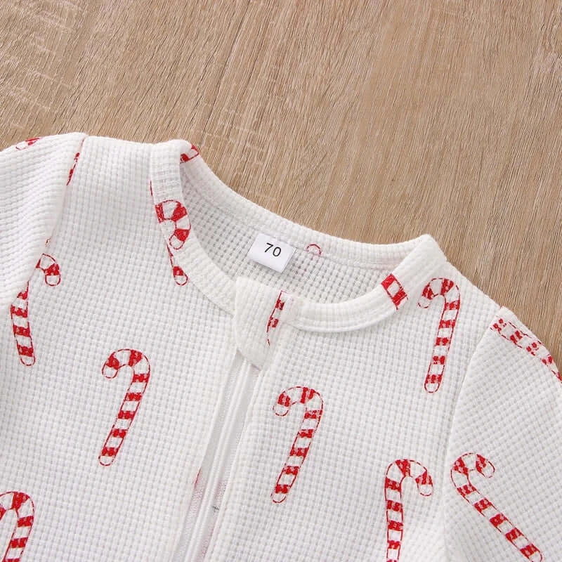 Candy Cane Zipper Romper | Long-Sleeve Waffle Baby Onesie - Lulu Babe