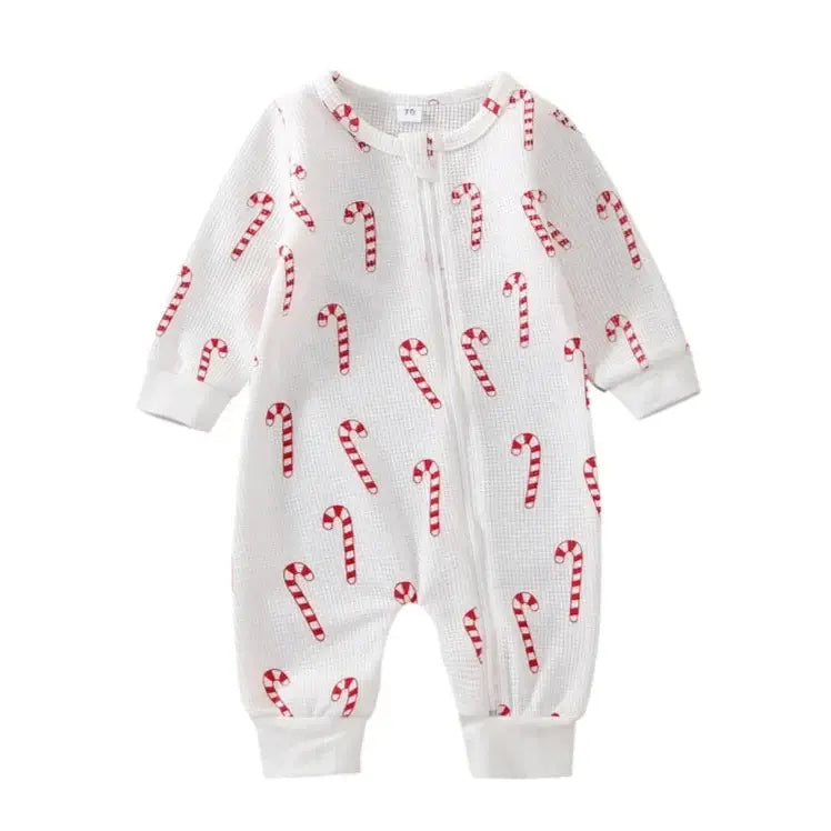 Candy Cane Zipper Romper | Long-Sleeve Waffle Baby Onesie - Lulu Babe