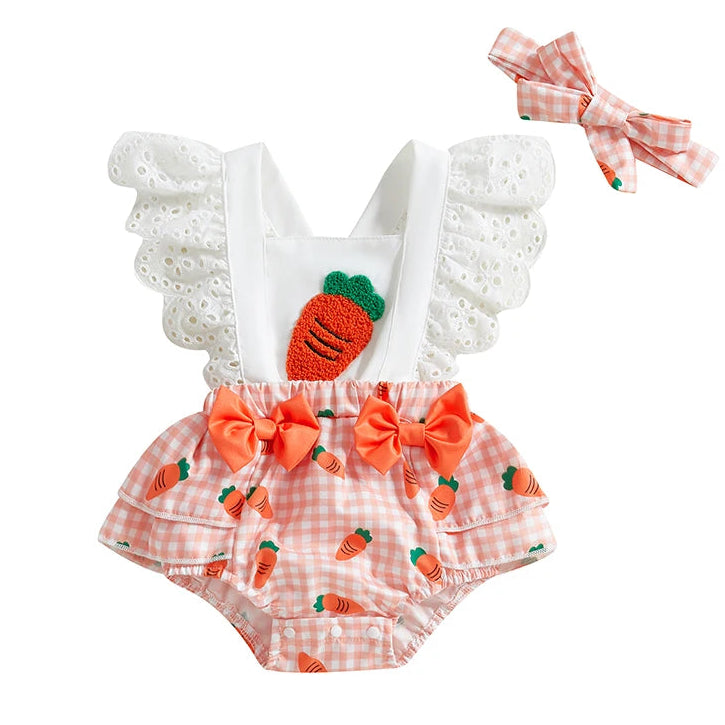 Baby girl romper with carrot applique, gingham print ruffle bloomers and matching headband, perfect for Easter