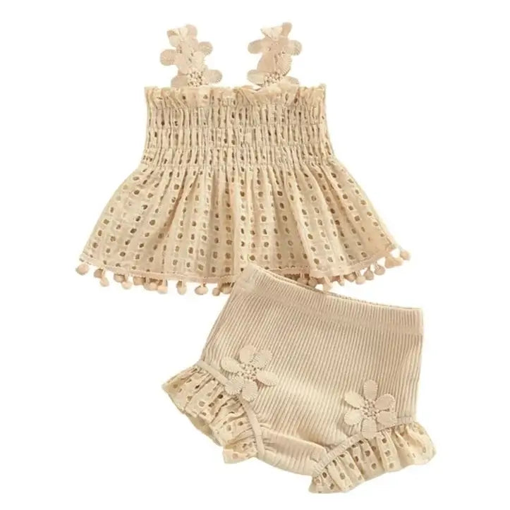 Boho Baby Girl Outfit | Beige Lace Top &amp; Ribbed Shorts (0-18M) - Lulu Babe