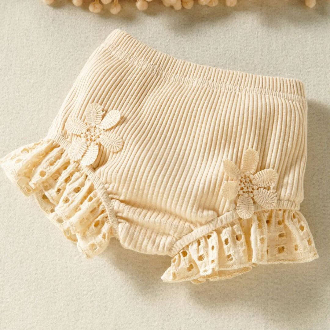 Boho Baby Girl Outfit | Beige Lace Top & Ribbed Shorts (0-18M) - Lulu Babe