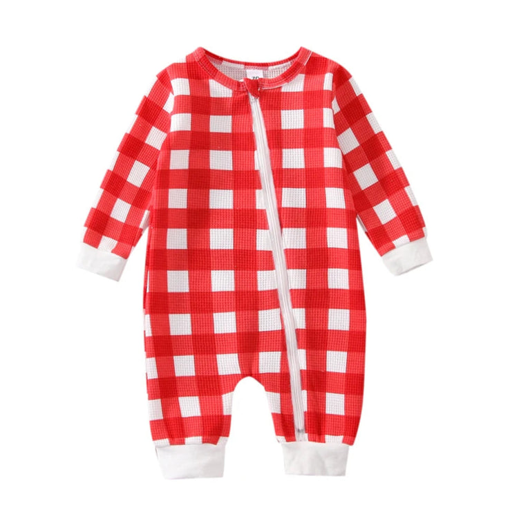 Red and white checked baby romper with zipper front.