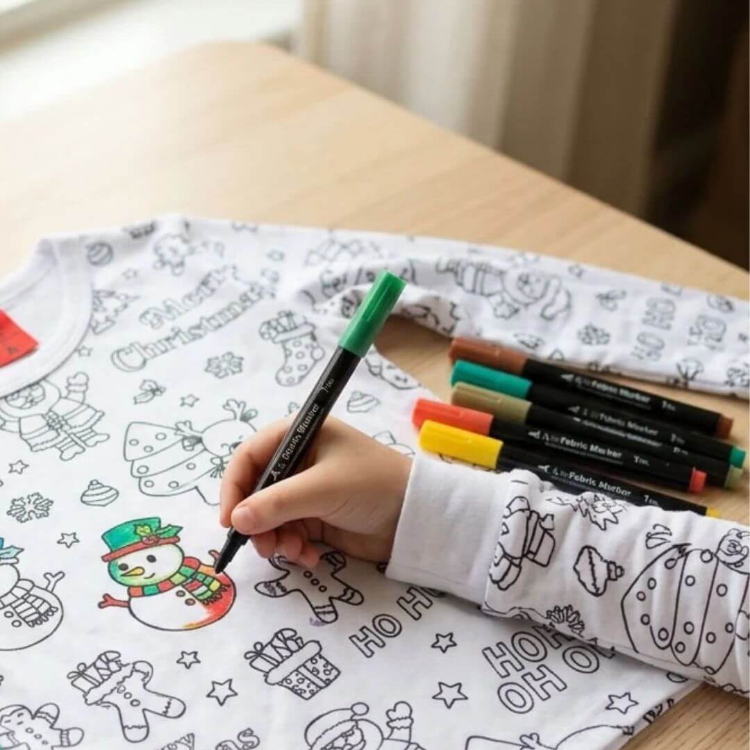 Christmas-themed colouring in pyjamas for kids with permanent markers