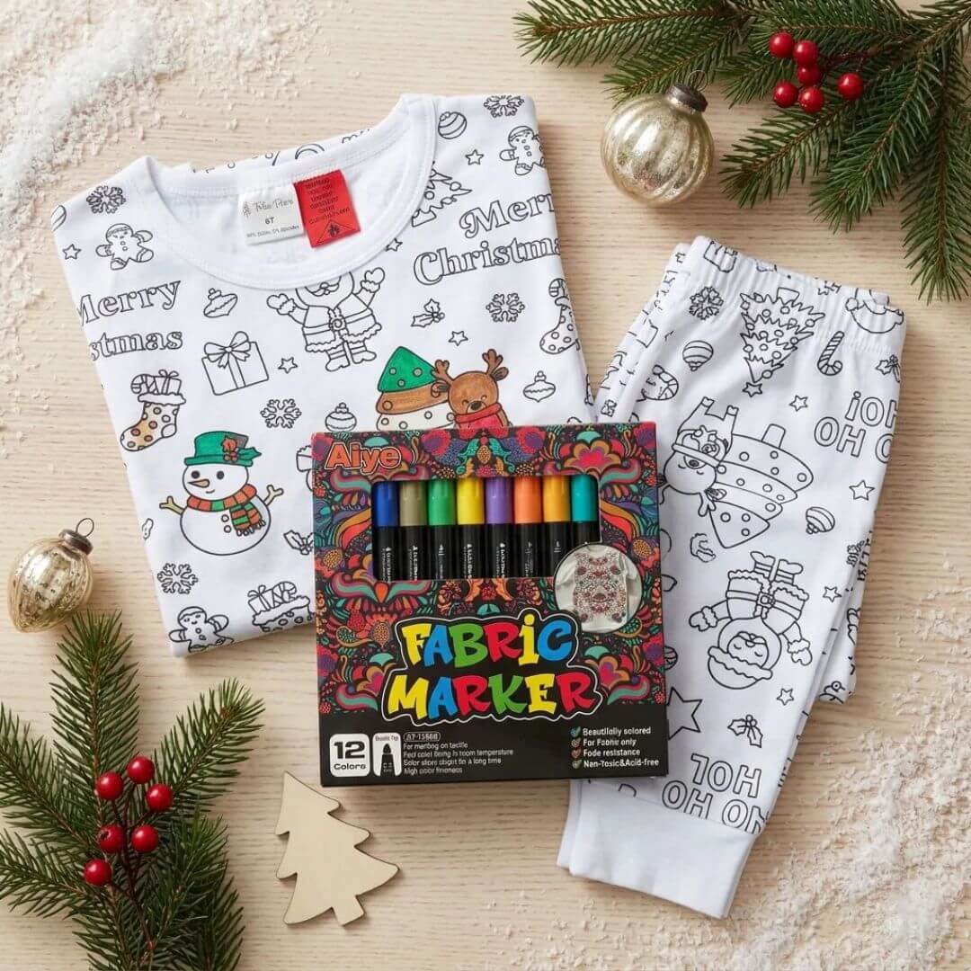 Christmas-themed colouring in pyjamas for kids with permanent markers