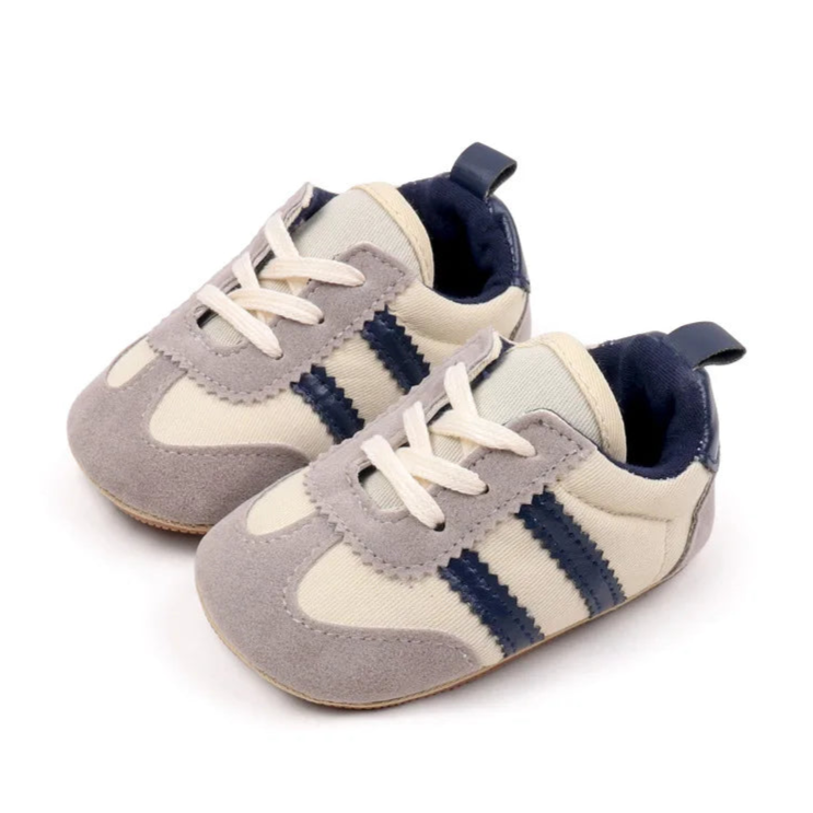 Classic Stripe Baby Sneakers in grey with navy stripes for 0-18 months