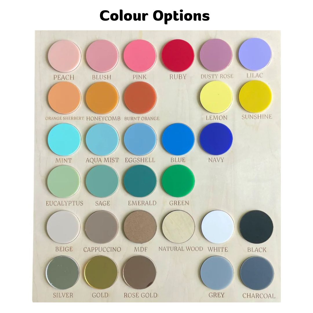 Acrylic colour options for personalised products - Lulu Babe