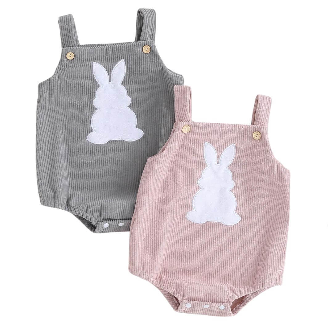 Corduroy Bunny Baby Romper | Cute Easter Baby Outfit in Pink or Grey - Lulu Babe