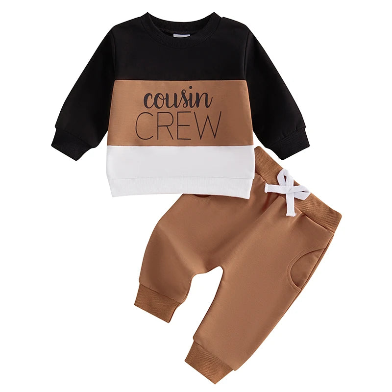 Cousin Crew Trackie Set for babies, featuring a black and brown long-sleeve top and matching trousers.