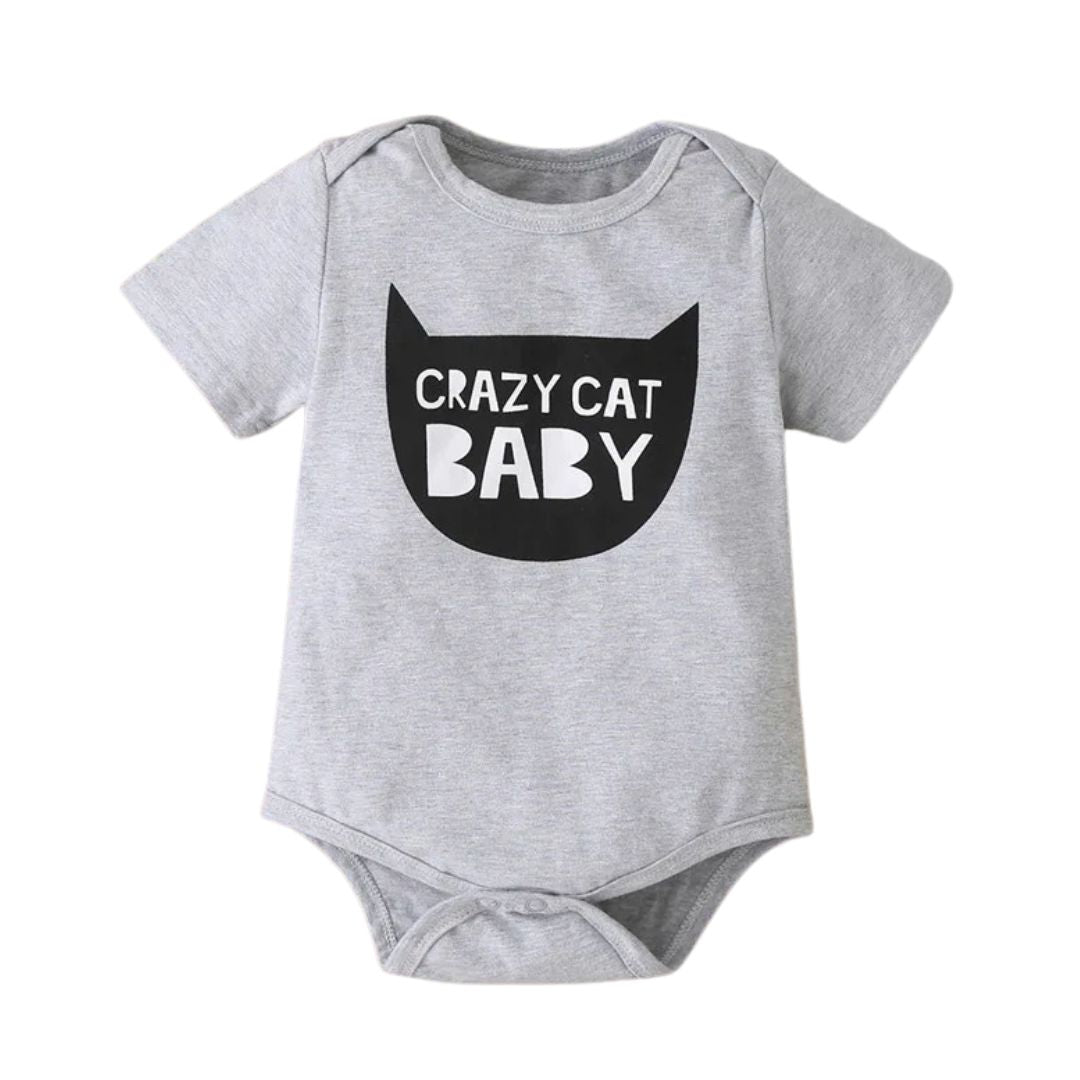 Grey baby onesie with black cat graphic and "Crazy Cat Baby" text