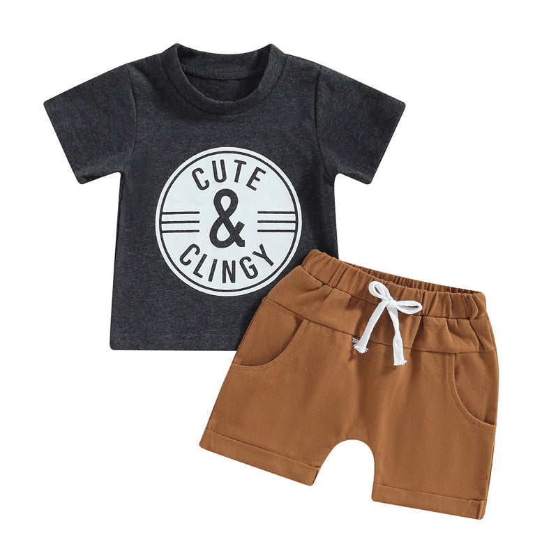 Funny baby outfit - "Cute & Clingy" Slogan  T-shirt in black, and brown shorts
