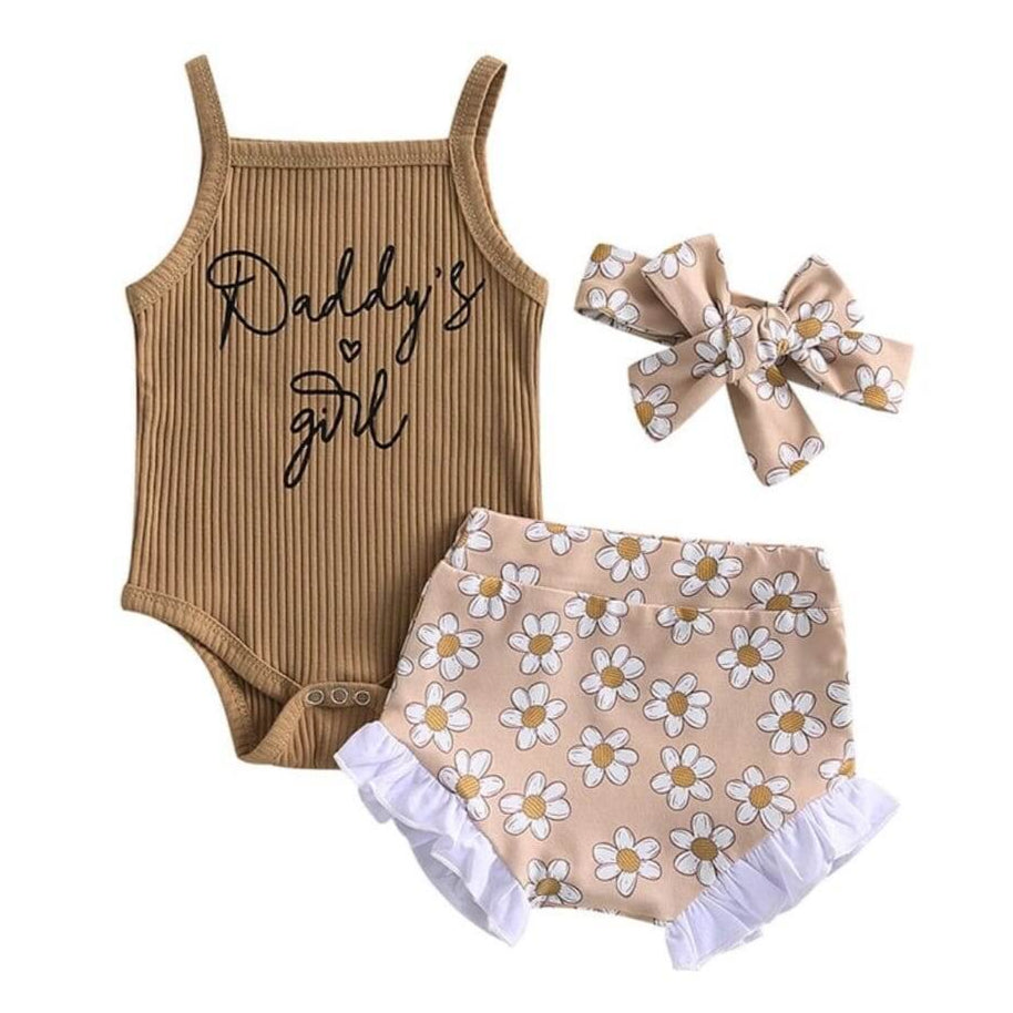 Daddy's Girl Floral Baby Outfit Ribbed Bodysuit Ruffle Shorts Set