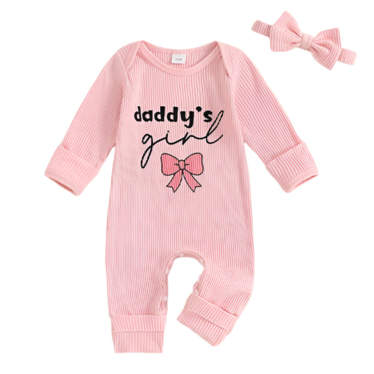 Daddy's Girl pink ribbed onesie with bow headband, perfect baby outfit for father-daughter bonding.