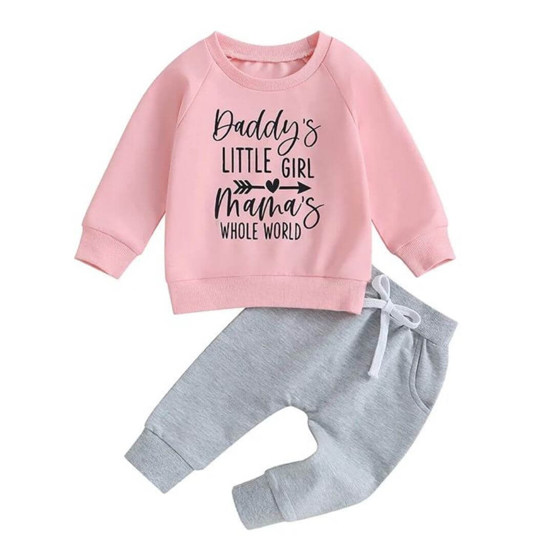 Daddy&#39;s Little Girl Mama&#39;s Whole World Set (Pink Pullover &amp; Grey Pants) - Lulu Babe