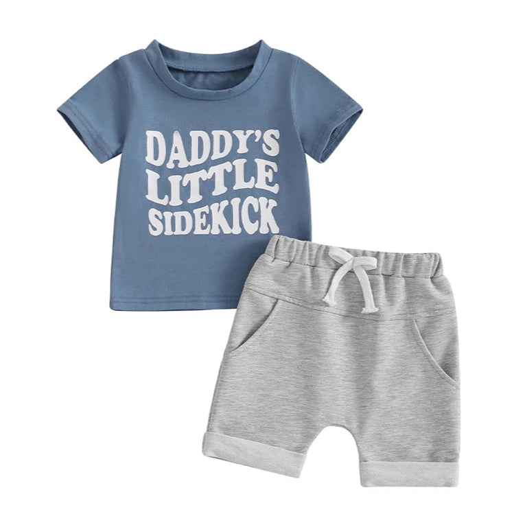 Adorable Daddy&#39;s Little Sidekick Set for baby boys aged 0-3, featuring a blue tee and grey shorts.