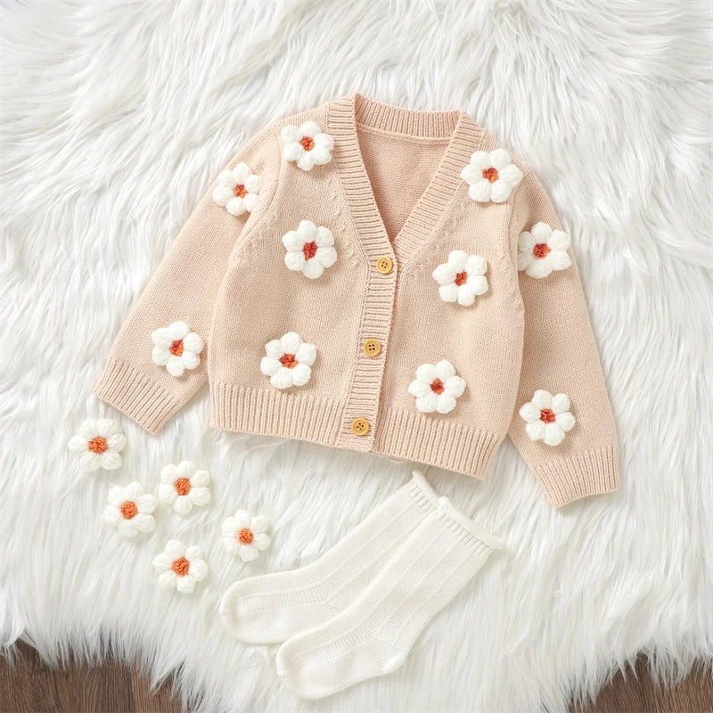 Baby & Toddler Flower Cardigan in beige | Daisy Appliqué Design - Lulu Babe