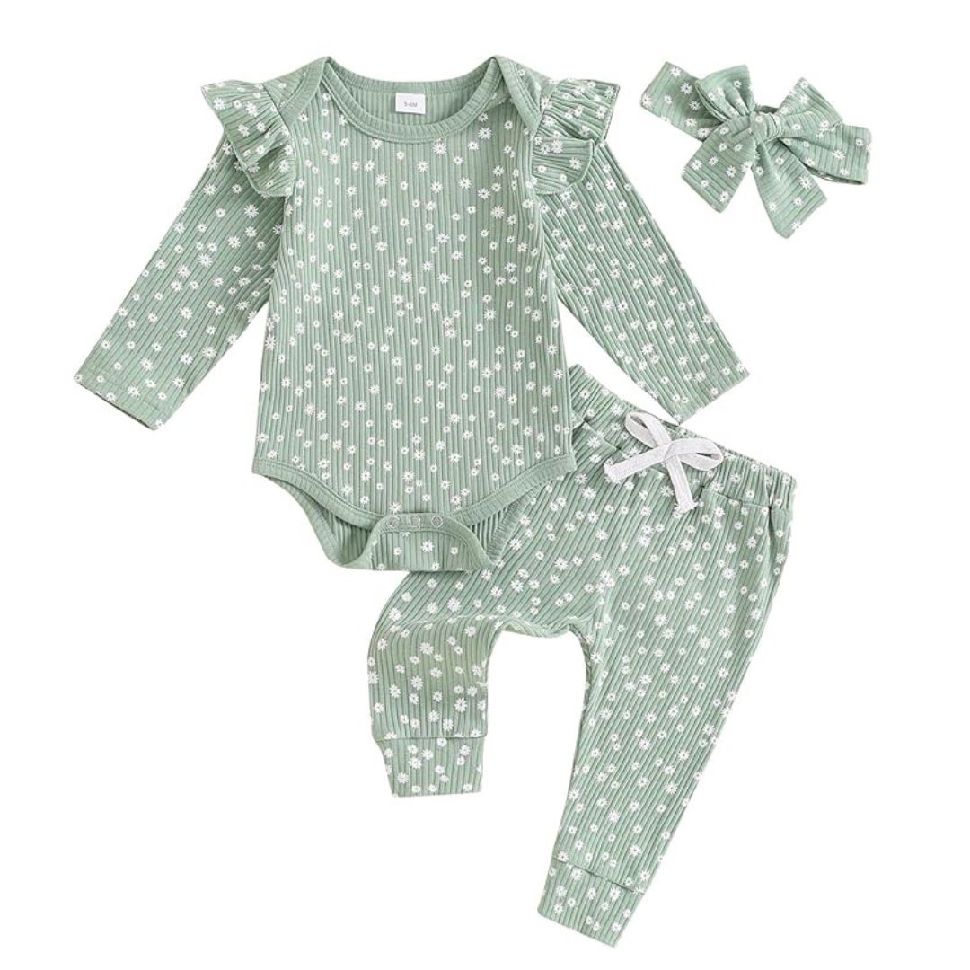 Daisy Mae Floral Set in soft green for baby girls, featuring a ribbed onesie, pants, and bow headband. Perfect floral baby girl outfit.