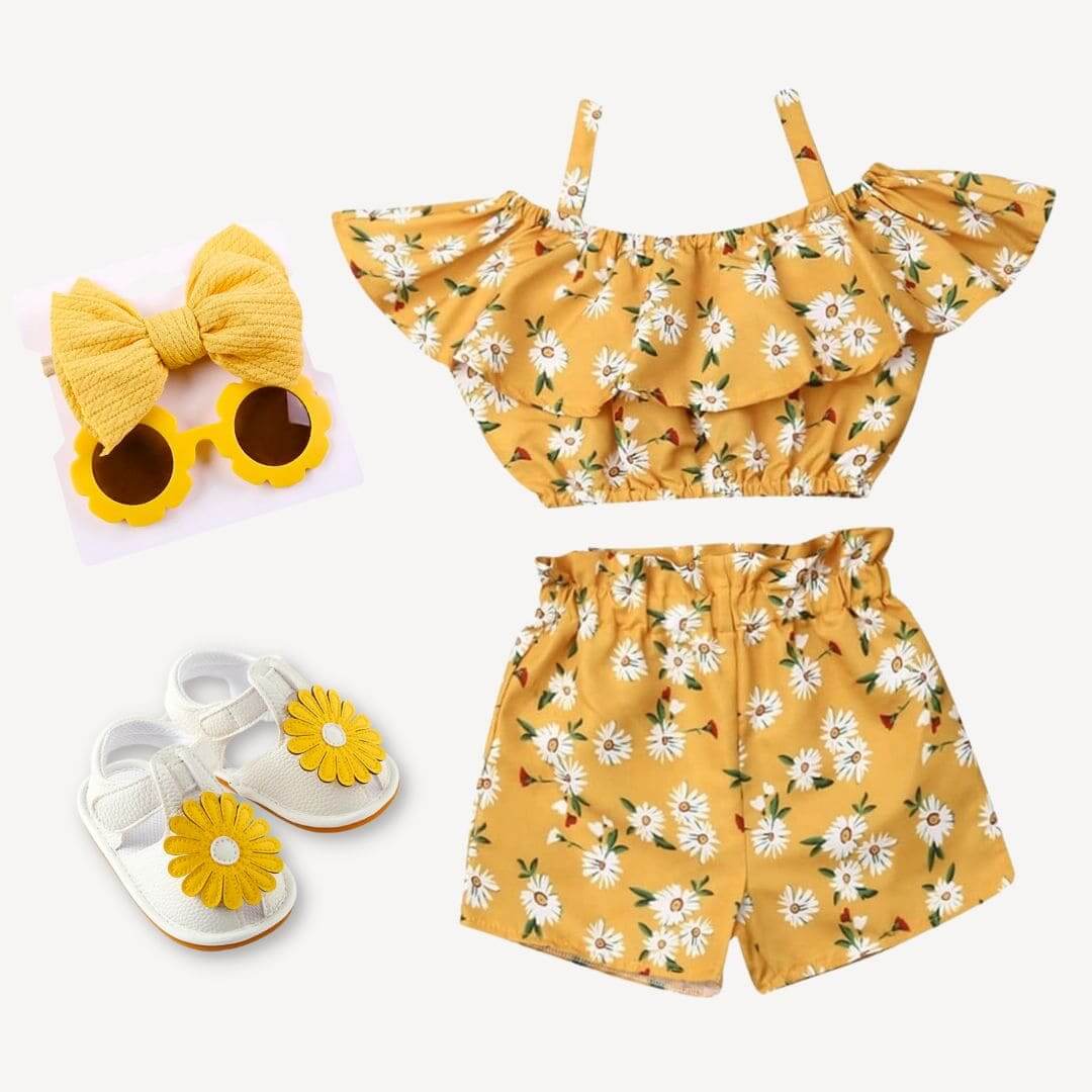 Daisy Girls Summer Set | Off-Shoulder Top & High-Waist Shorts - Lulu Babe