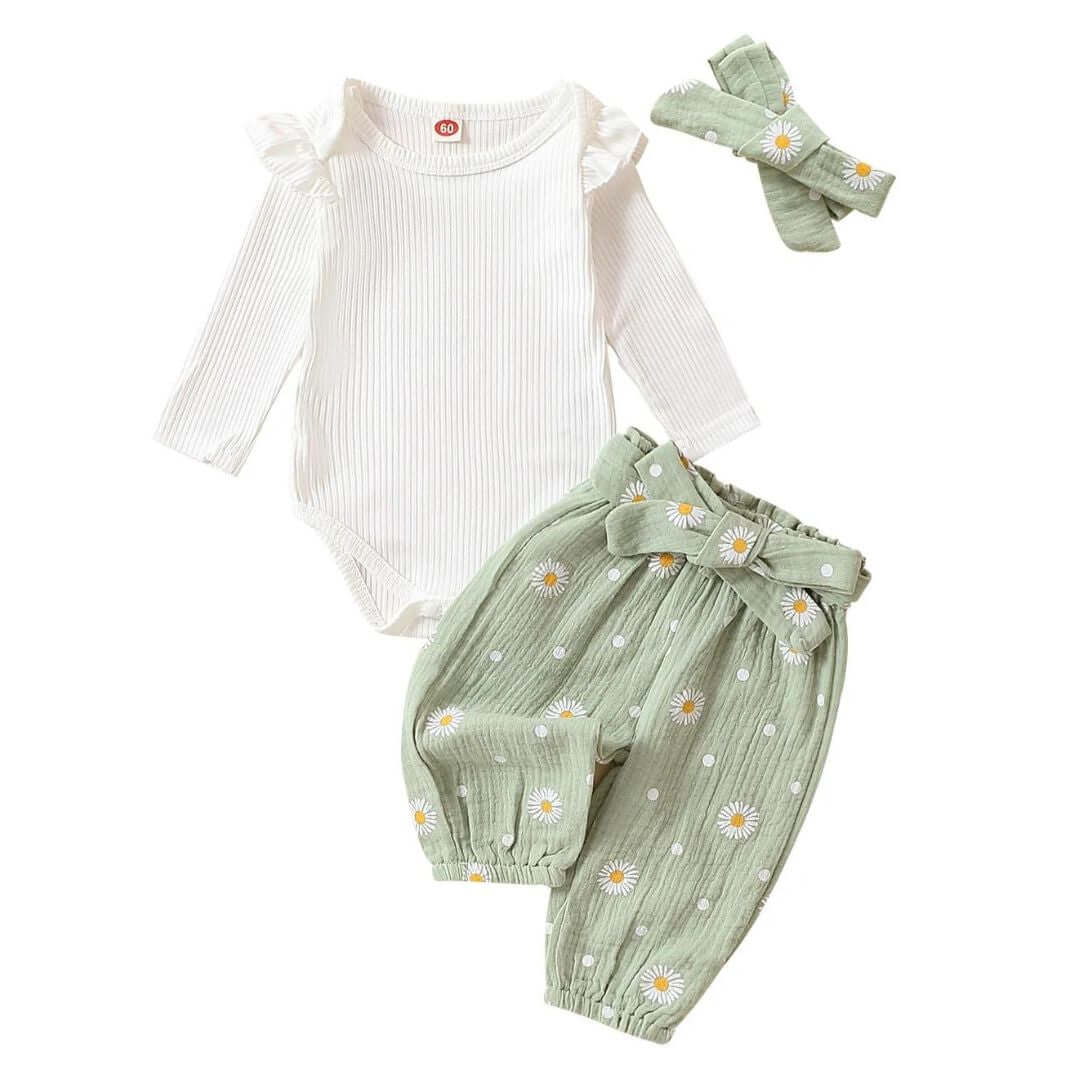 Daisy Muslin Baby Girl Outfit | White long-sleeved ribbed romper, mint green muslin pants & matching headband - Lulu Babe