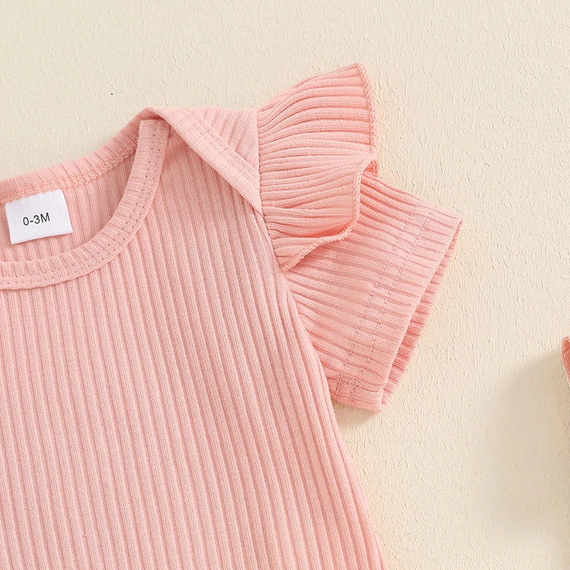 Closeup of Daisy Overalls Set ribbed flutter-sleeve bodysuit in soft pink