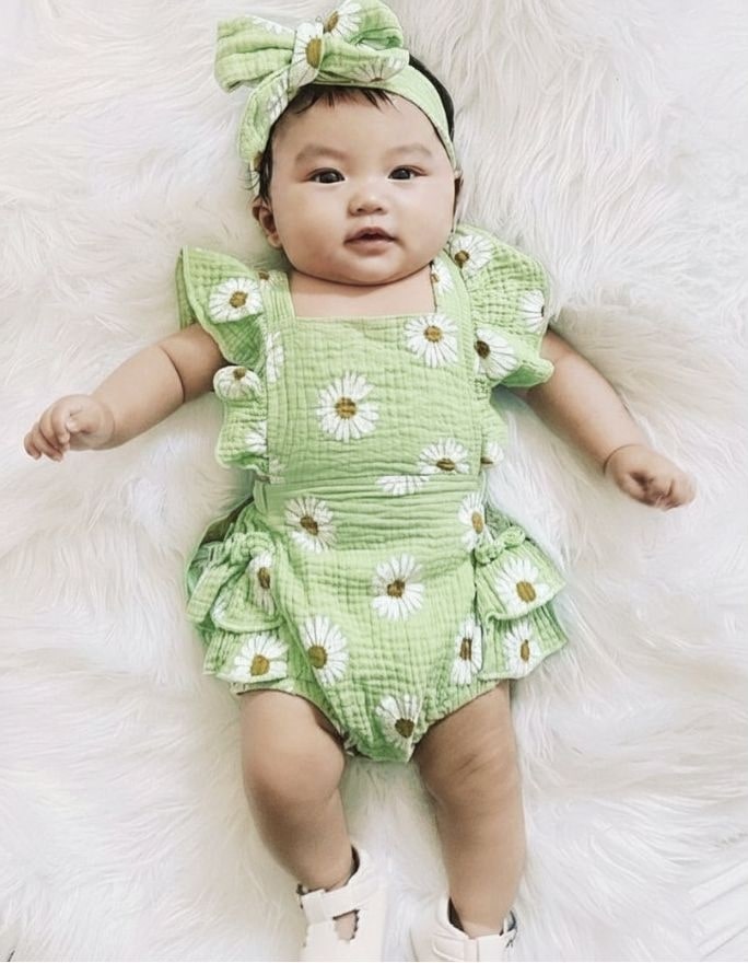 Daisy Ruffle Romper in green | Pastel Floral Baby Girl Outfit - Lulu Babe
