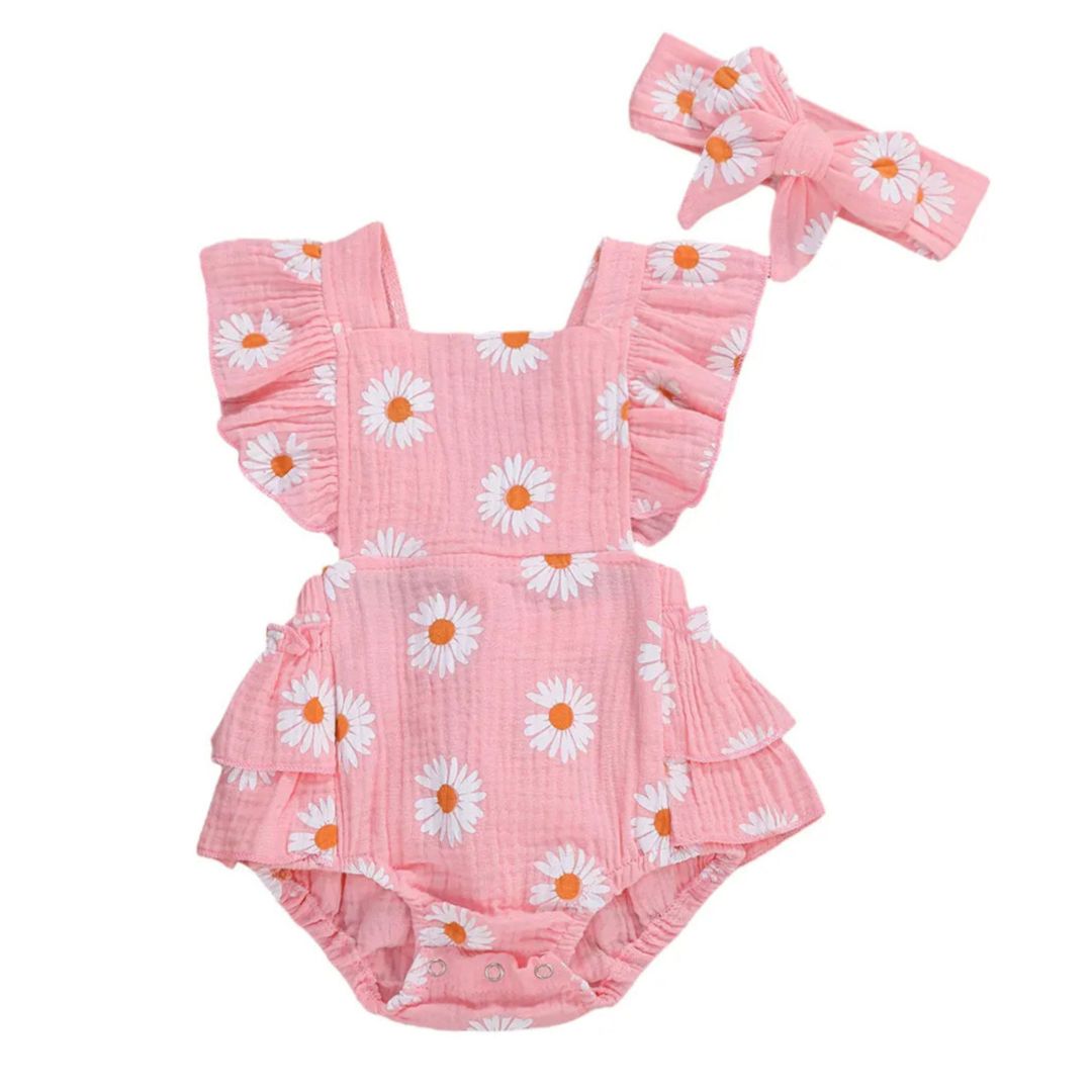 Daisy Ruffle Romper in pink | Pastel Floral Baby Girl Outfit - Lulu Babe
