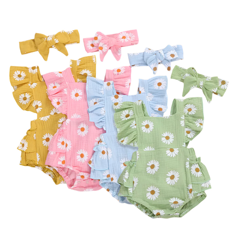 Daisy Ruffle Baby Girl Rompers - available in yellow, pink, blue and green