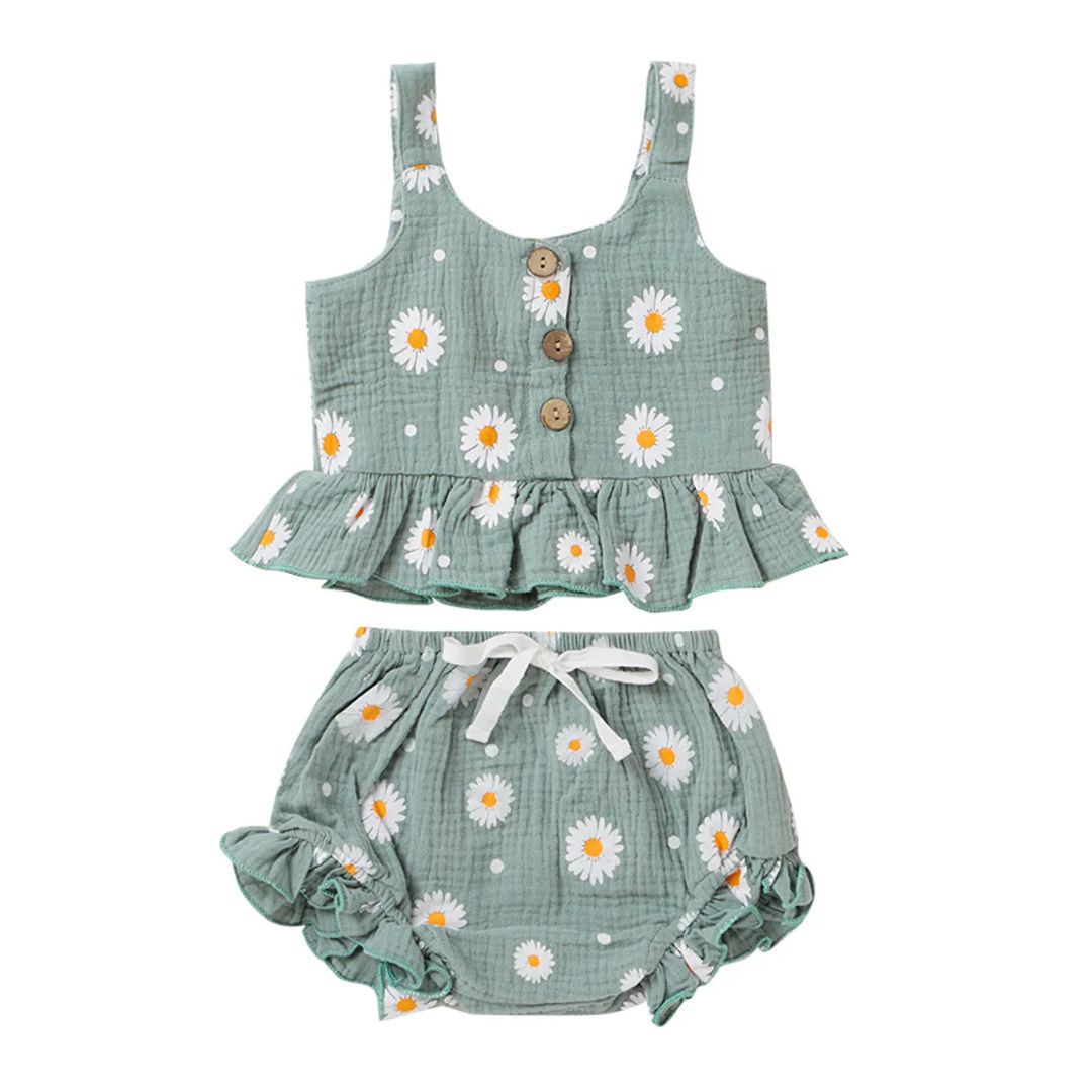 Green daisy baby girl outfit - summer top and matching shorts