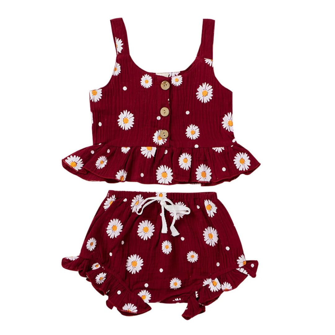 Burgundy daisy baby girl outfit - sleeveless top & matching shorts