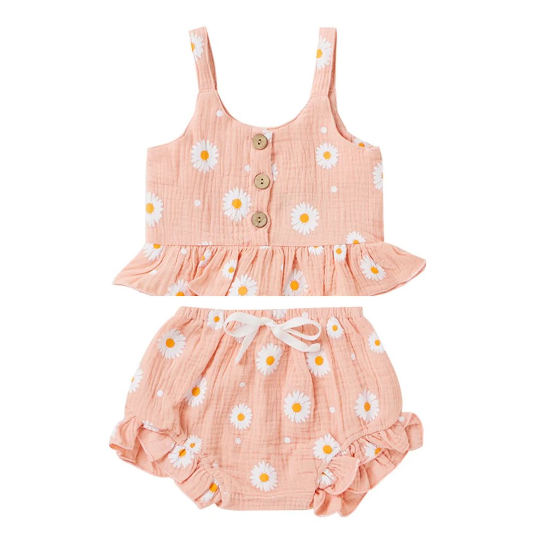 Pink daisy baby girl outfit - sleeveless top and matching shorts