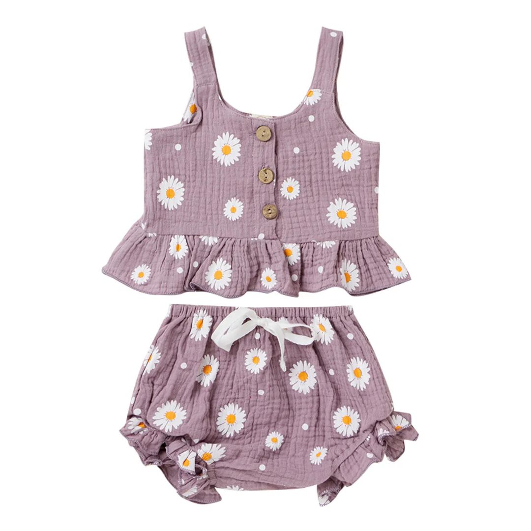 Purple daisy baby girl outfit - sleeveless top and matching shorts