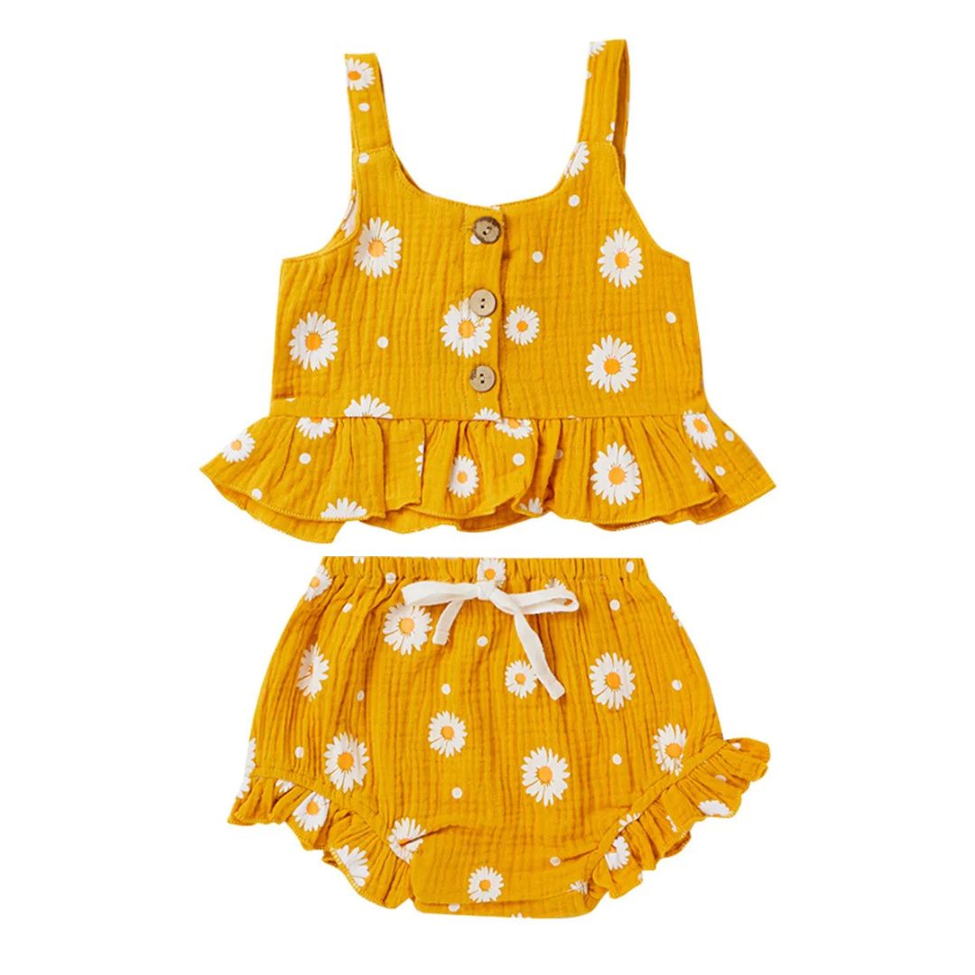 Yellow daisy baby girl outfit - peplum top and matching shorts