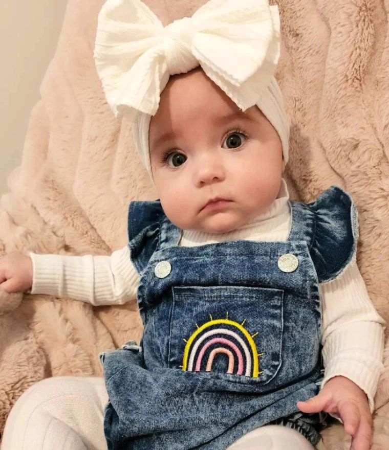 Baby girl wearing Denim Ruffle Rainbow Romper - Lulu Babe