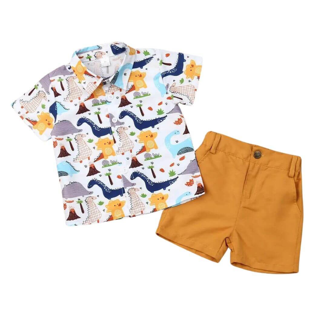 2pcs Toddler Boy Playful Dinosaur Print Shirt and Pocket Design Shorts Set