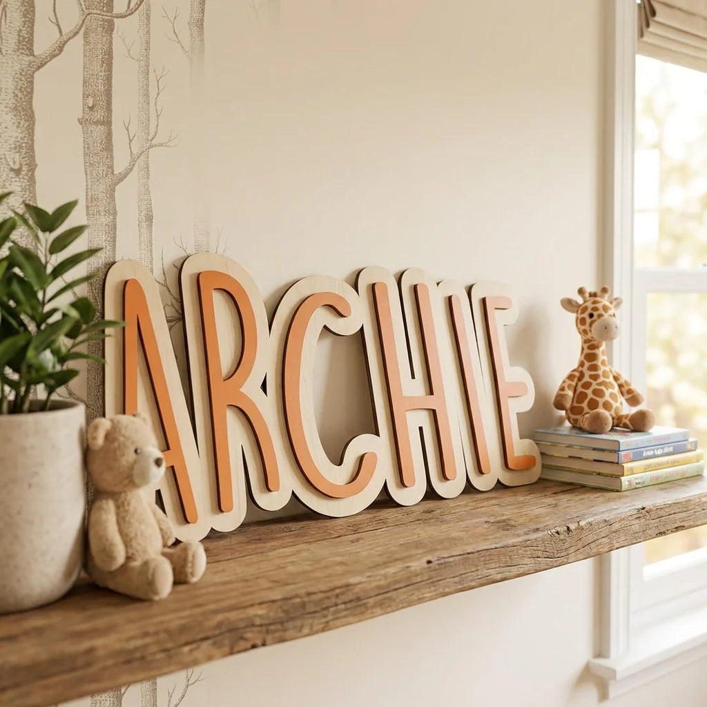 Personalised 3D Layered Name Sign with coloured acrylic on wood backing, featuring the name "Archie"