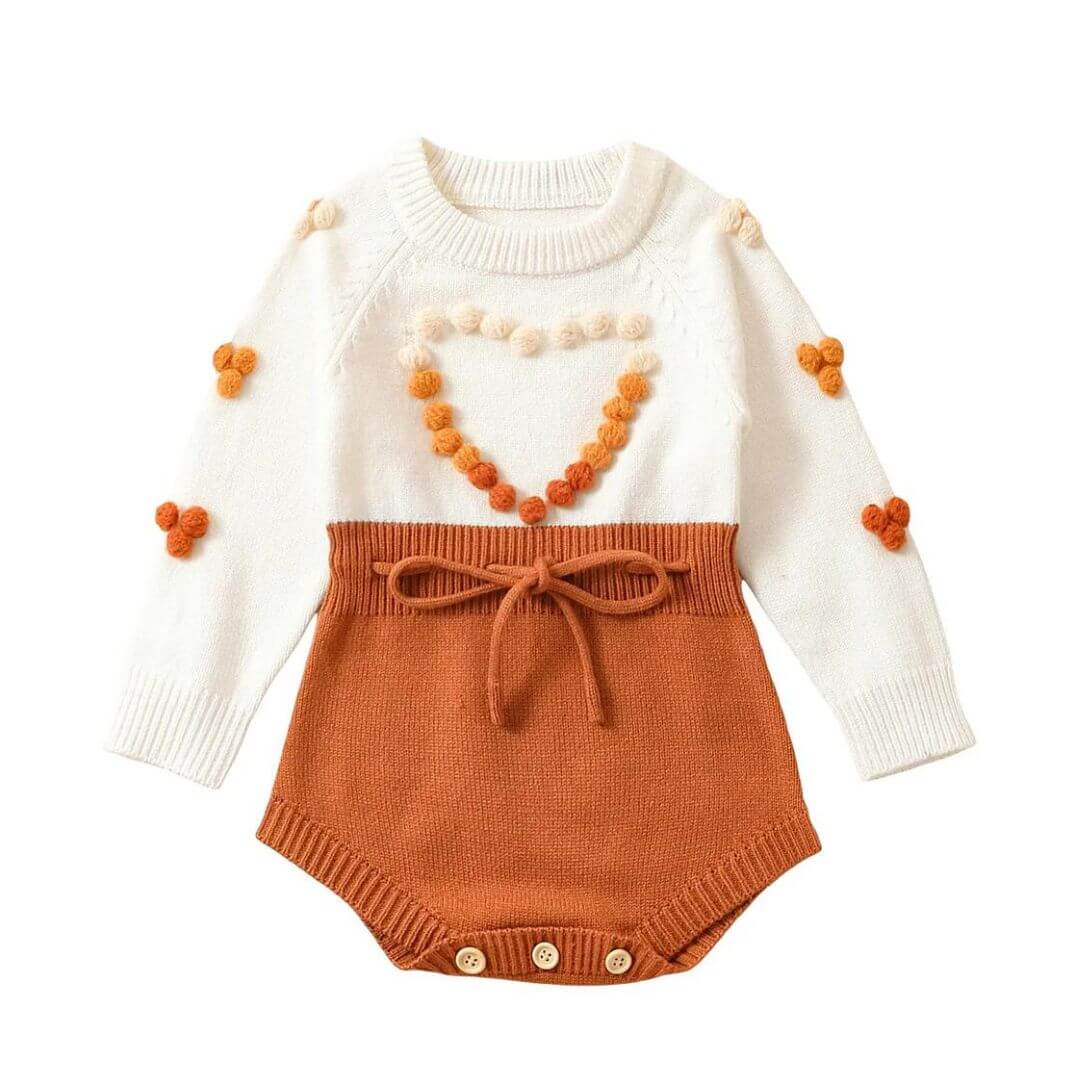 Emily Knit Baby Girl Romper Cinnamon | Winter Romper with Pom Pom Heart - Lulu Babe