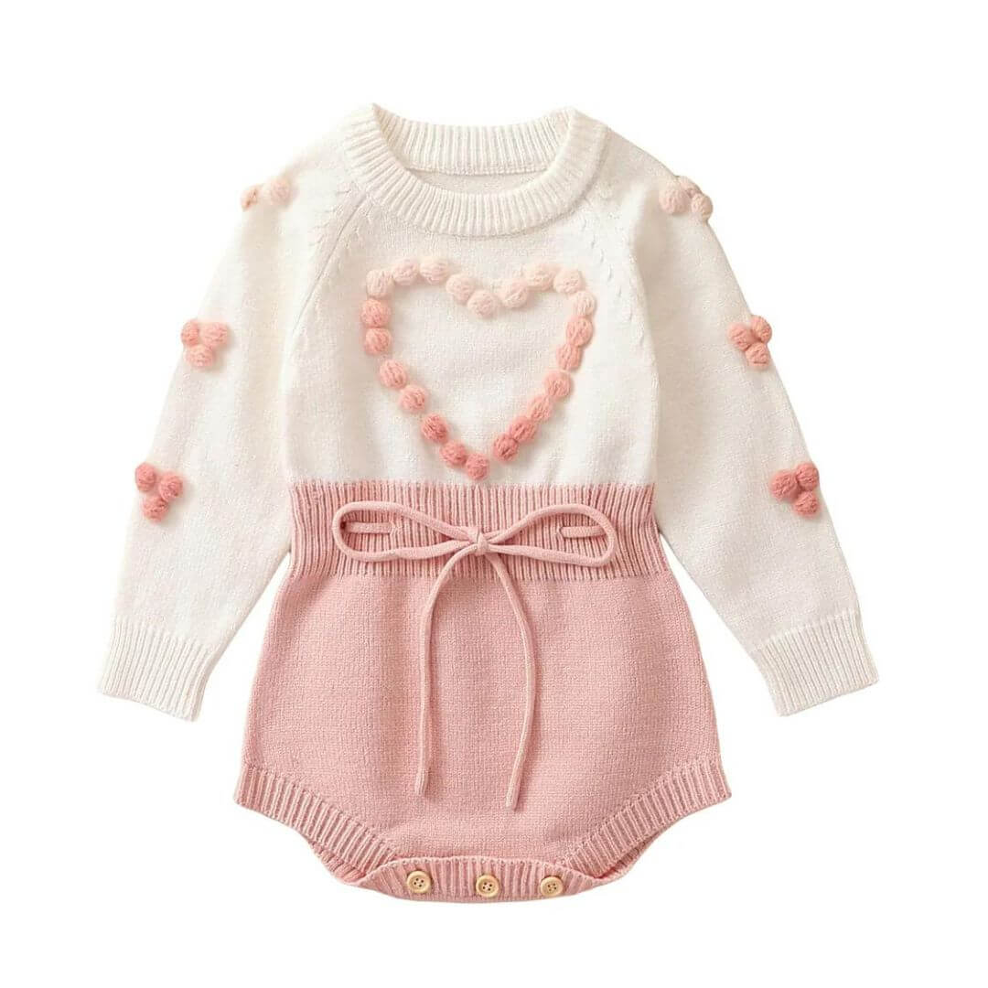 Emily Knit Baby Girl Romper Pink | Winter Romper with Pom Pom Heart - Lulu Babe