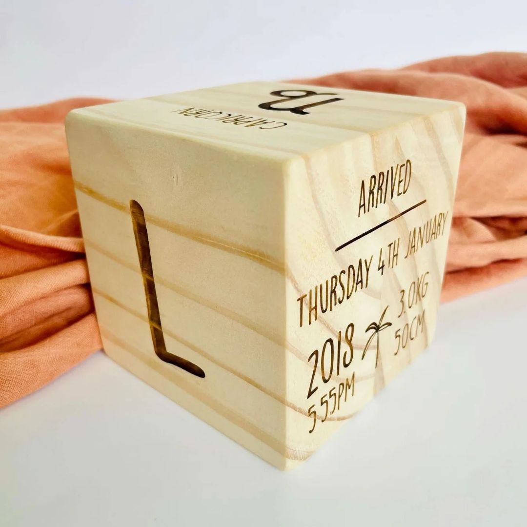 Wooden keepsake block engraved with baby's name and birth details