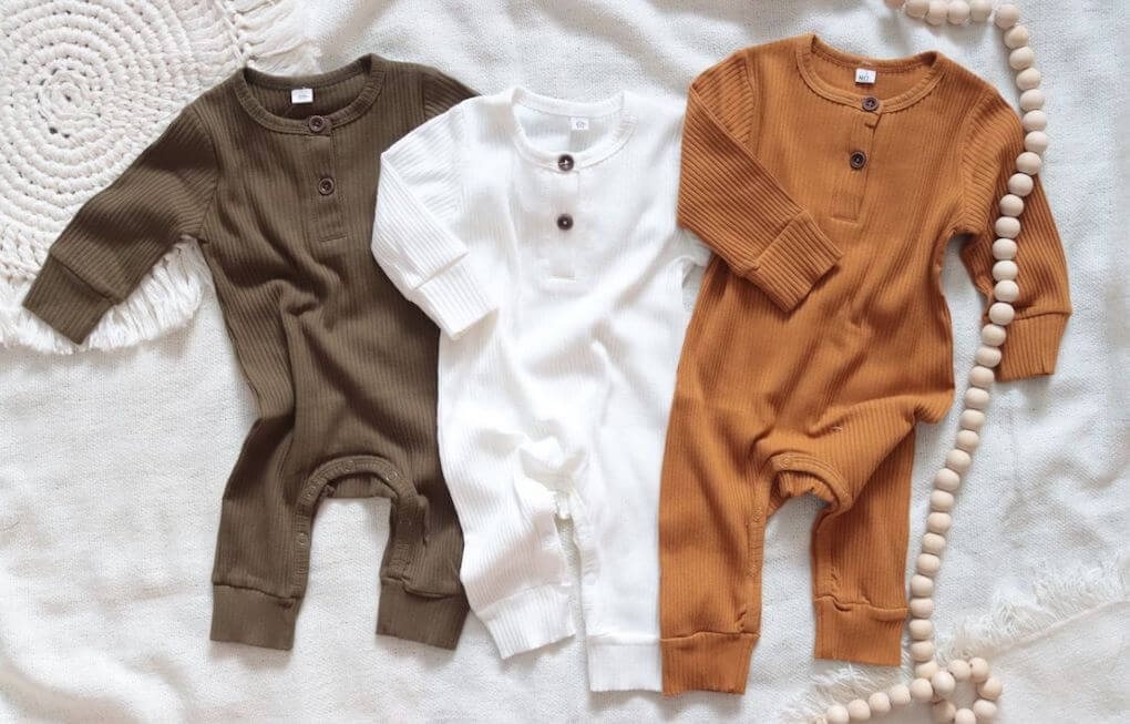Essentials Ribbed Baby Romper | Unisex Long-Sleeve Onesies in brown, white & mustard - Lulu Babe