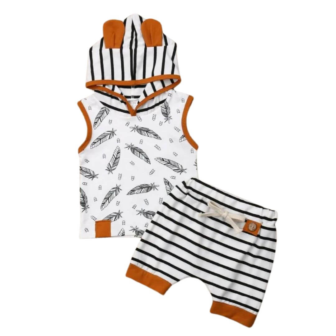 Baby Boy Hoodie Tank Top &amp; Shorts Set | Feather &amp; Stripes Print - Lulu Babe