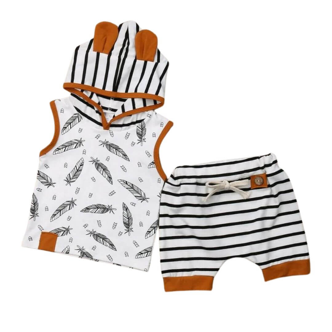 Baby Boy Hoodie Tank Top & Shorts Set | Feather & Stripes Print - Lulu Babe