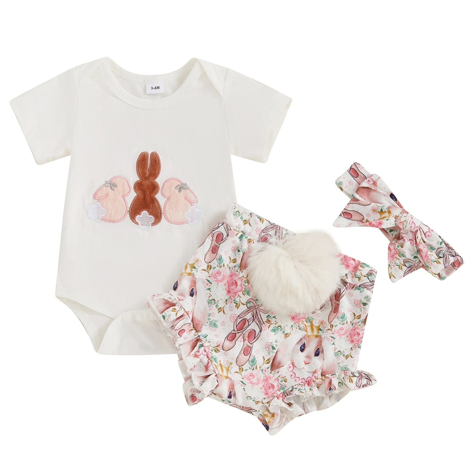 Baby bodysuit with three bunnies, floral ruffle bloomers with fluffy tail, and matching headband