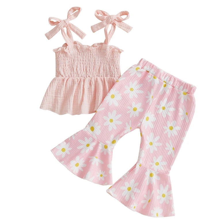 Vivian Floral Flare Baby Girl Set featuring a shirred pink top and matching flared pants with daisy print
