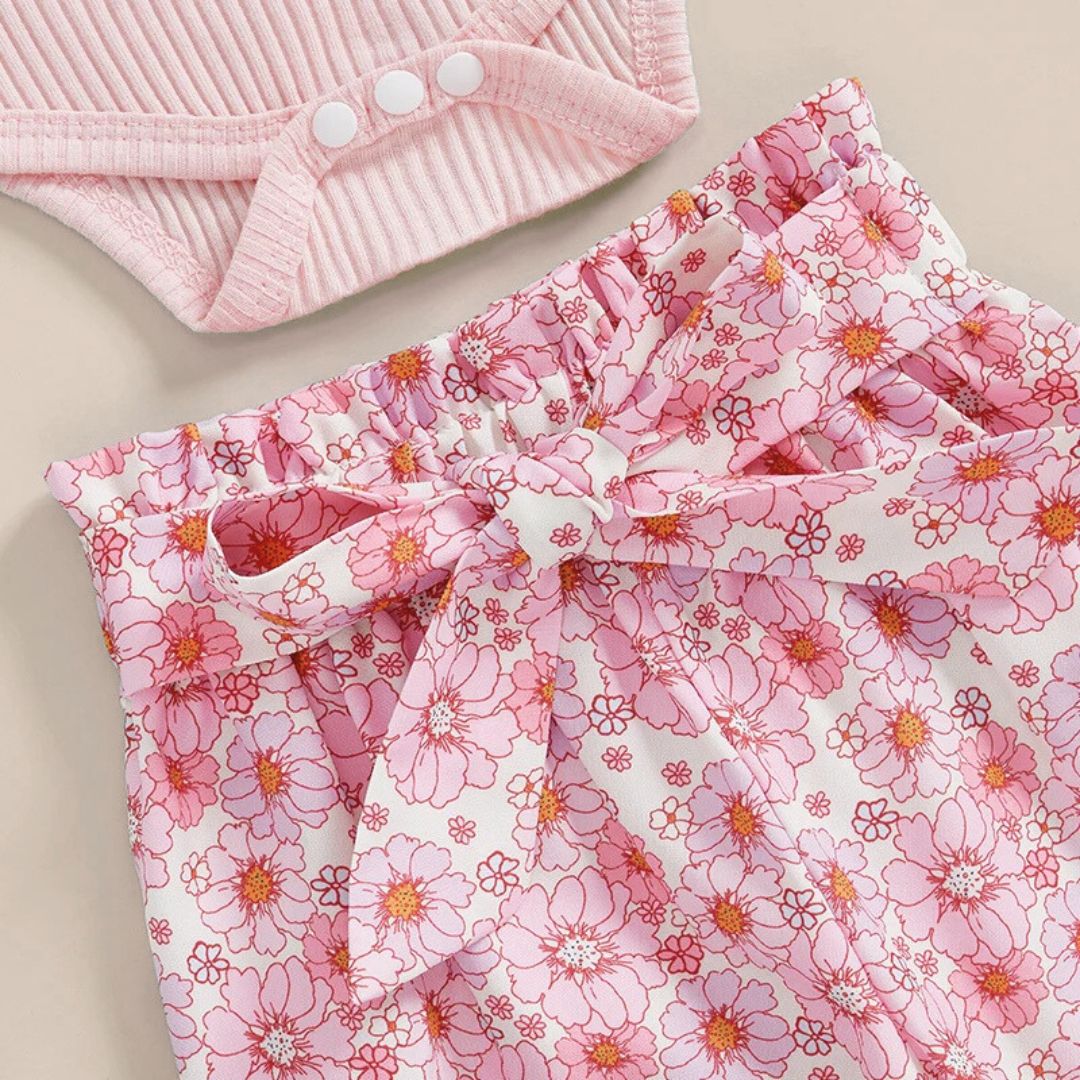 Floral Flutter Set | Adorable 3-Piece Baby Girl Outfit in pink - closeup of pants