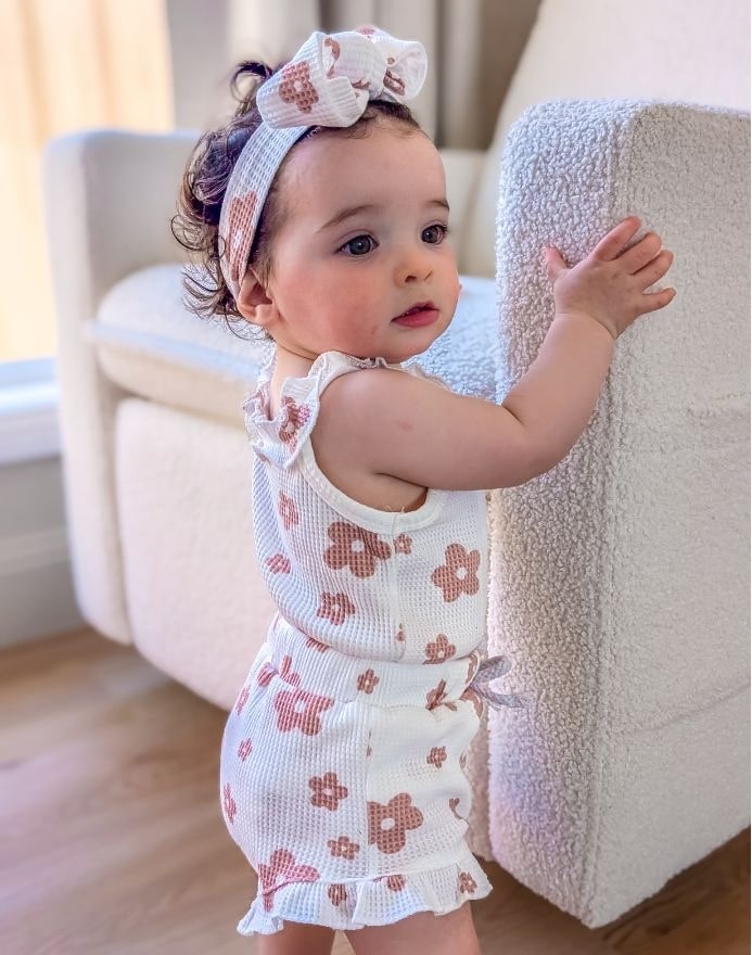 Baby girl wearing Floral Summer Outfit - Genevieve Romper Set in White