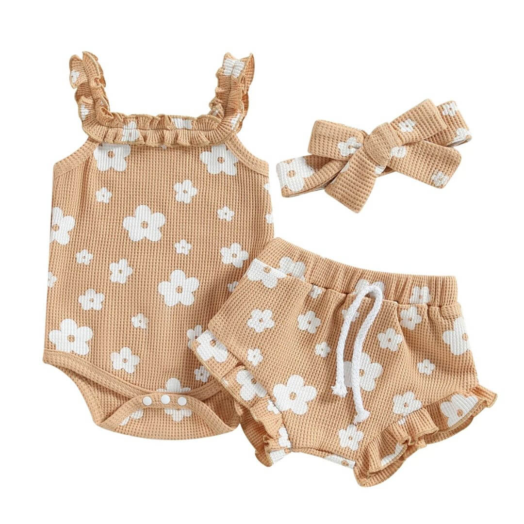 Baby girl floral romper set in cotton waffle fabric - romper, shorts & headband - Lulu Babe