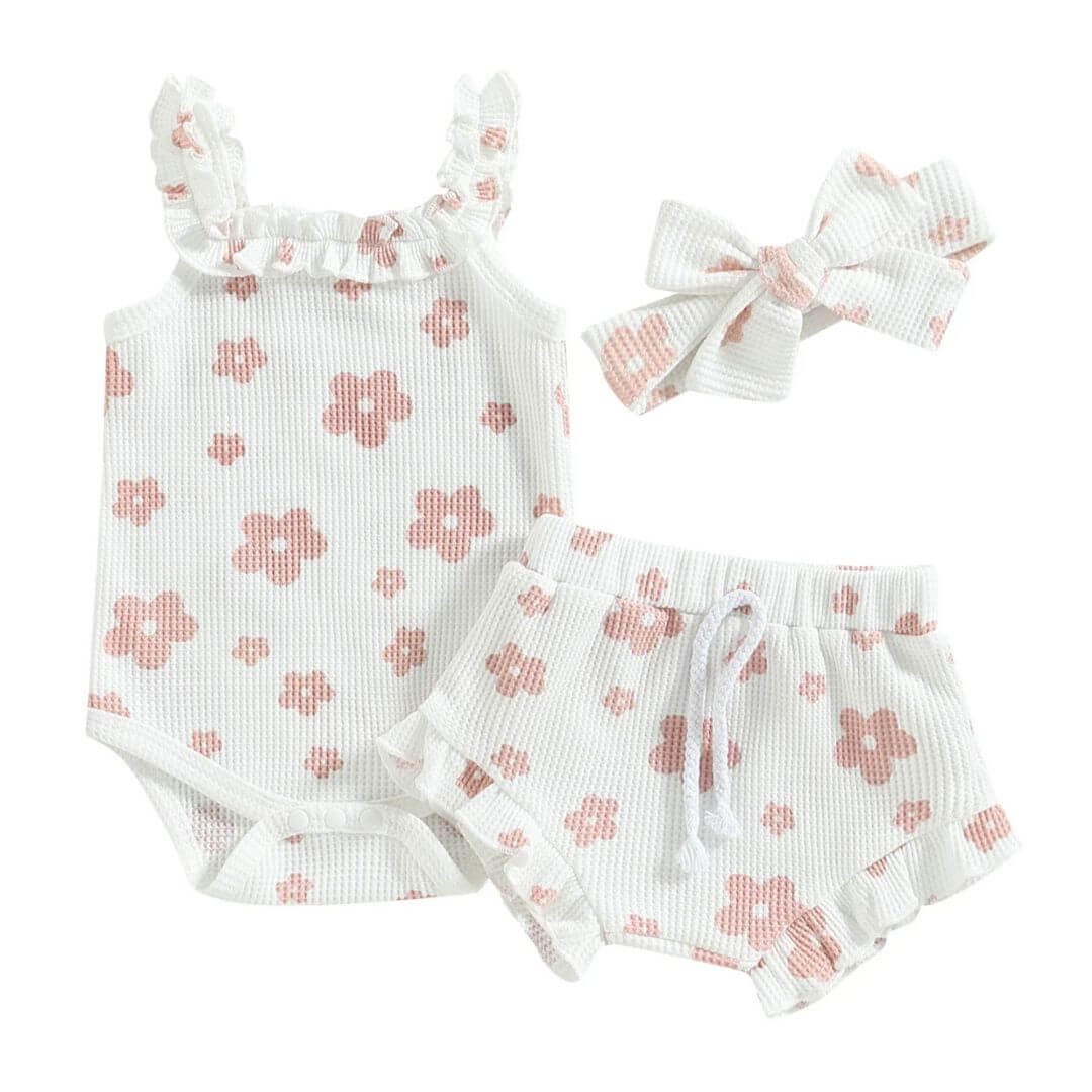 Genevieve Waffle Romper Set in white | Baby Girl Floral Summer Outfit - Lulu Babe