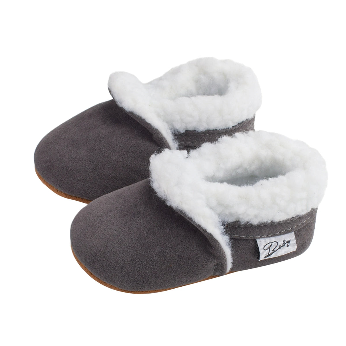 Fluffy baby moccasins in charcoal