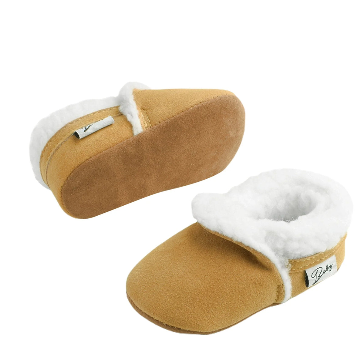 Mustard fluffy baby moccasins with non-slip soles